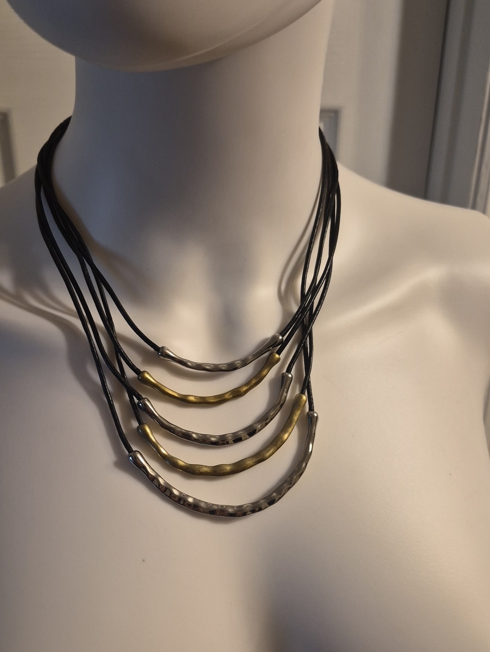 Chico's Layered Black Cord Necklace with Gold and Silver Curved Tubes 17 Inches